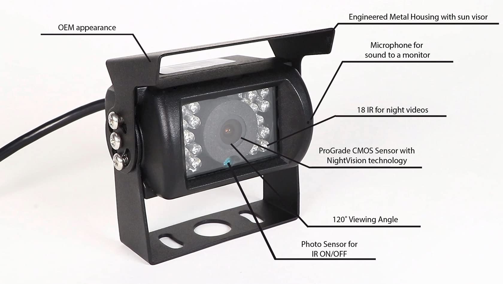 Universal Backup Camera RYDEEN CM-R1000P/W with CMOS NightVision, 50-feet (18-IR Lights), Waterproof, Metal Housing, Built-in Mic for Sound, for RVs, Delivery Vans, Trucks (Black)