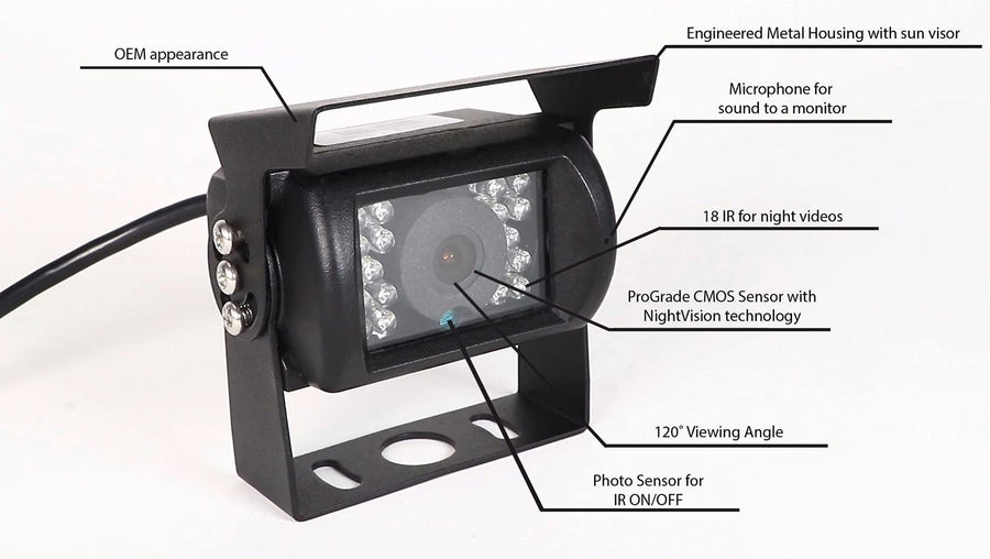 Universal Backup Camera RYDEEN CM-R1000P/W with CMOS NightVision, 50-feet (18-IR Lights), Waterproof, Metal Housing, Built-in Mic for Sound, for RVs, Delivery Vans, Trucks (Black)