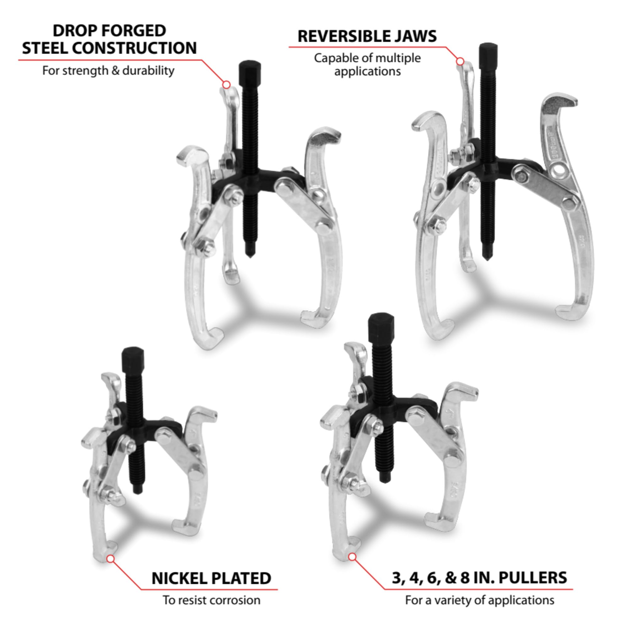3 Jaw Gear Puller Set Performance Tool W134DB, 4-Piece Set (Sizes: 3, 4, 6 and 8-Inch), with Reversible Design for Vehicle Maintenance and Repair, Drop-Forged Steel, Chrome Plating