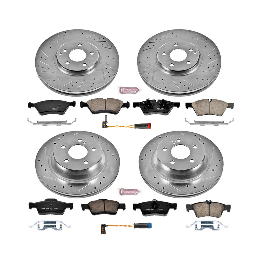 Power Stop K6358 Z23 Carbon Fiber Brake Pads Front and Rear with Drilled & Slotted Brake Rotors Kit and 1 Front & 1 Rear Sensor Wires For Mercedes-Benz E350, Mercedes-Benz E550 [Model Specific]