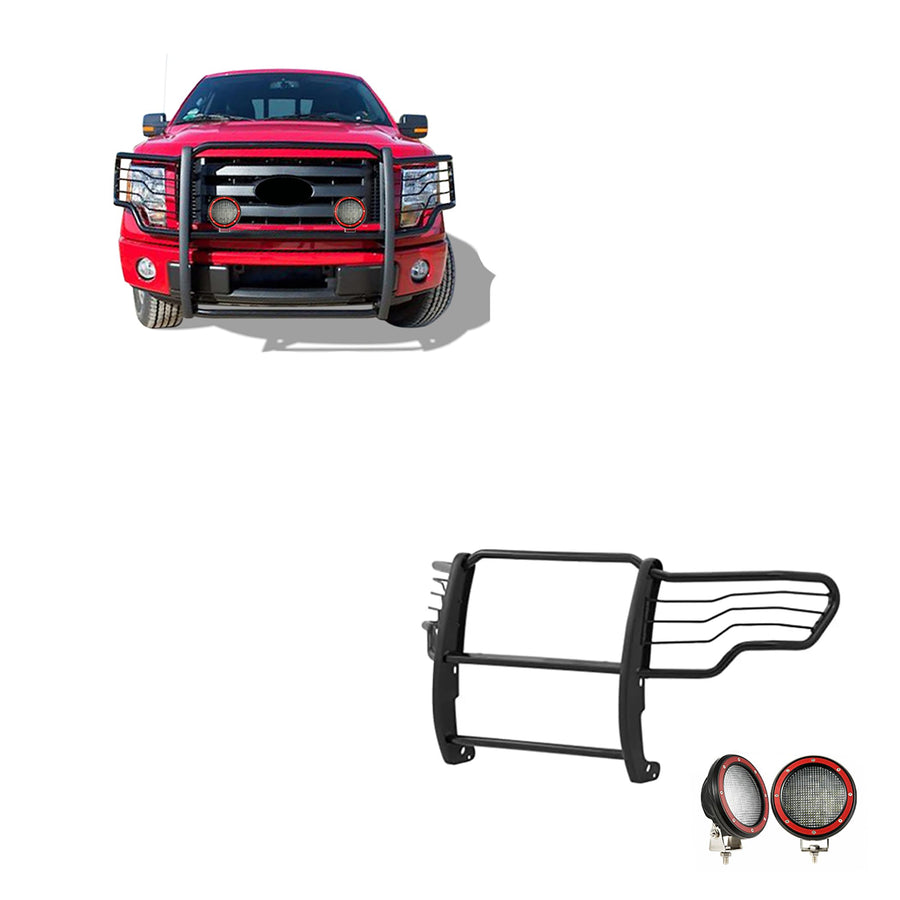 Bumper Guard Black Horse Grille Brush Modular Black Come with Pair of 5.3" Dia.LED Lights with Red Trim Rings Compatible with 2009-2014 Ford F-150-17FP30MA-PLFR