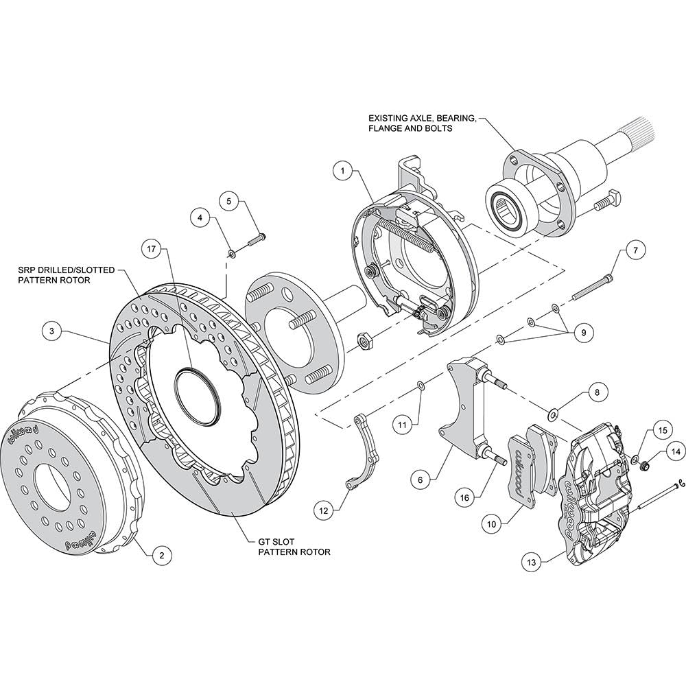 WILWOOD Rear P-Brk Kit,140-10952-DR W4A,14.00", Drill, Red Ford 8.8 w/2.5" Offset-5 Lug