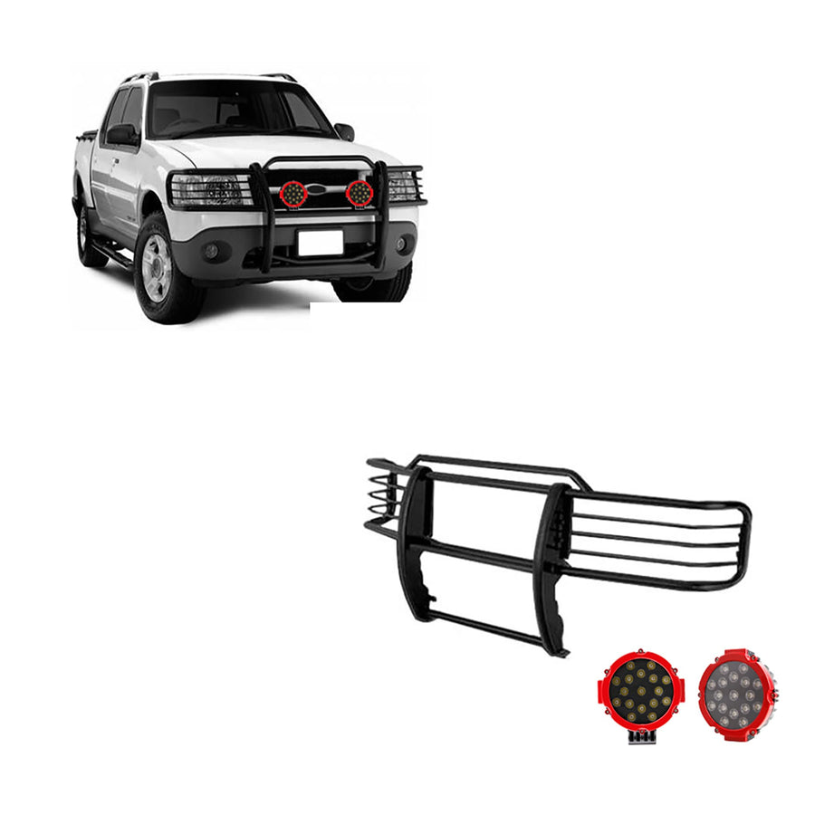 Bumper Guard Modular Black Black Horse Grille brush Come With pair of 7.0"LED Lights with Red Trim Rings Compatible with 2001-2003 Ford Explorer Sport|2001-2005 Ford Explorer Sport Trac-17FJ24MA-PLR