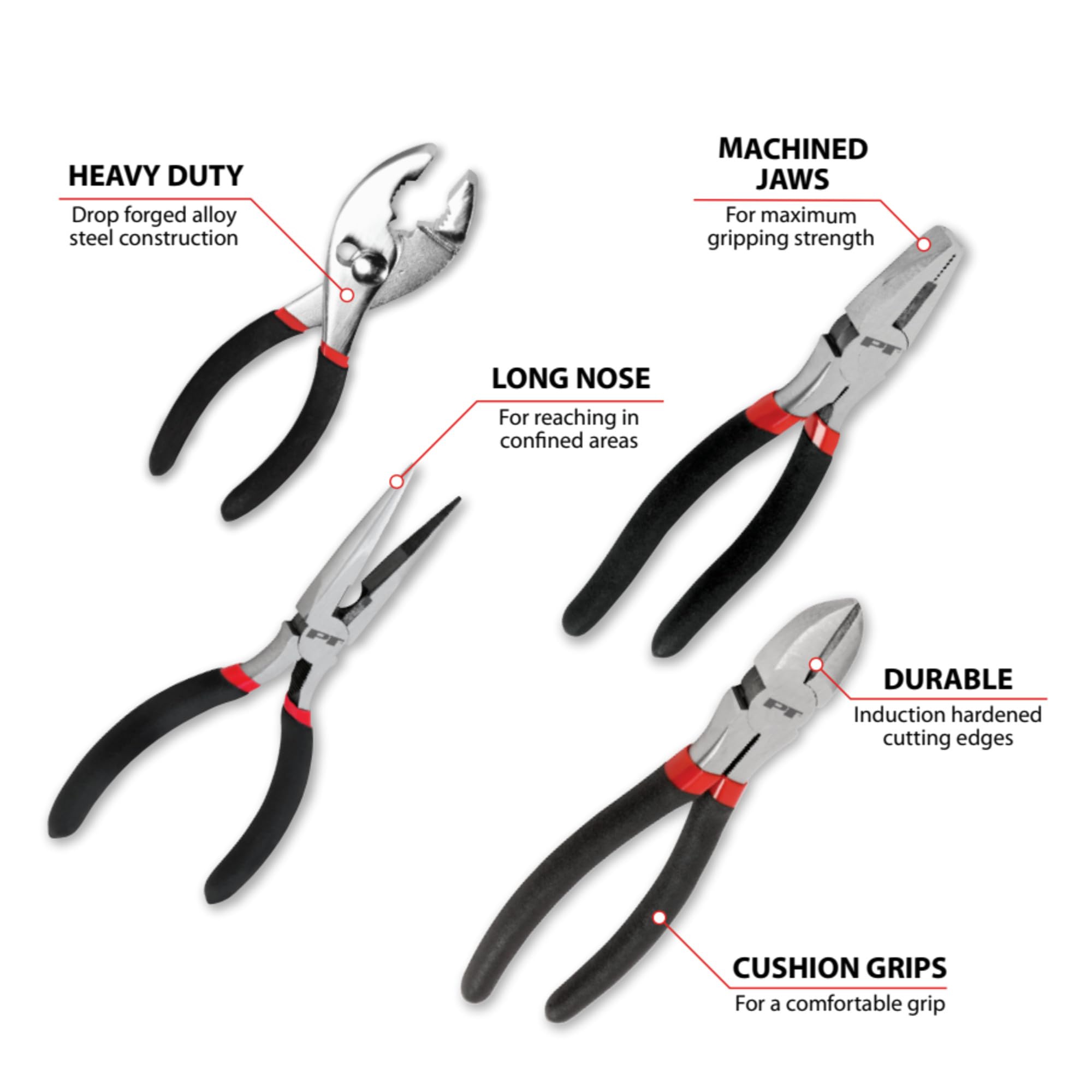 W1783 Performance Tool 4 Pc. Pliers Set - Cutting Pliers, Linesman Pliers, Long Nose Pliers, Slip Joint Pliers, Drop-Forged Steel, Cushioned Handles, Black/Red