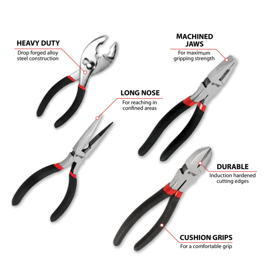 W1783 Performance Tool 4 Pc. Pliers Set - Cutting Pliers, Linesman Pliers, Long Nose Pliers, Slip Joint Pliers, Drop-Forged Steel, Cushioned Handles, Black/Red