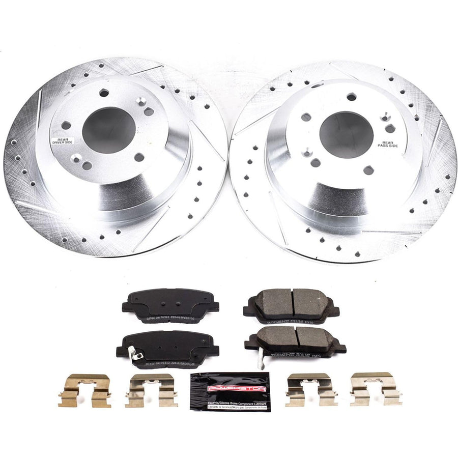 Rear Power Stop K8283 Z23 Carbon Fiber Brake Pads with Drilled & Slotted Brake Rotors Kit For Hyundai Santa Fe XL 2019 [Model Specific]