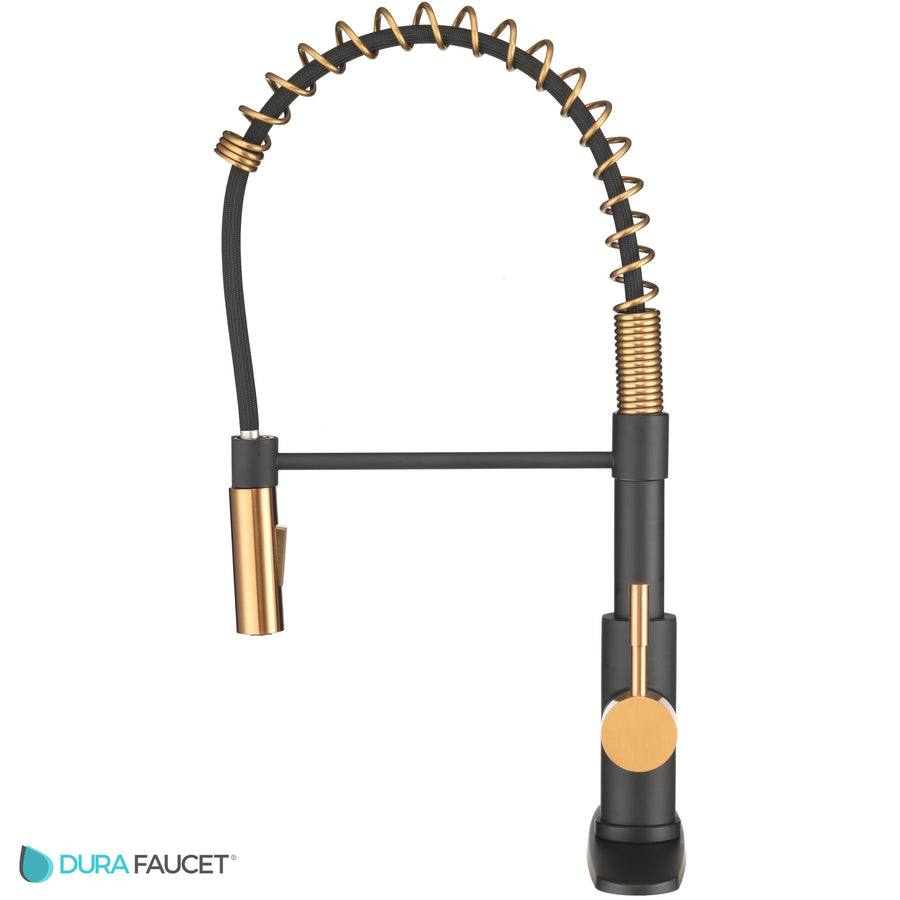 Dura Faucet RV DF-MK504SLK-MBRG High-Arc Spring Kitchen Sink Faucet - Single Handle - Kitchen Faucet with Pull-Down Sprayer - Optional Deck Plate (Matte Black/Rose Gold)