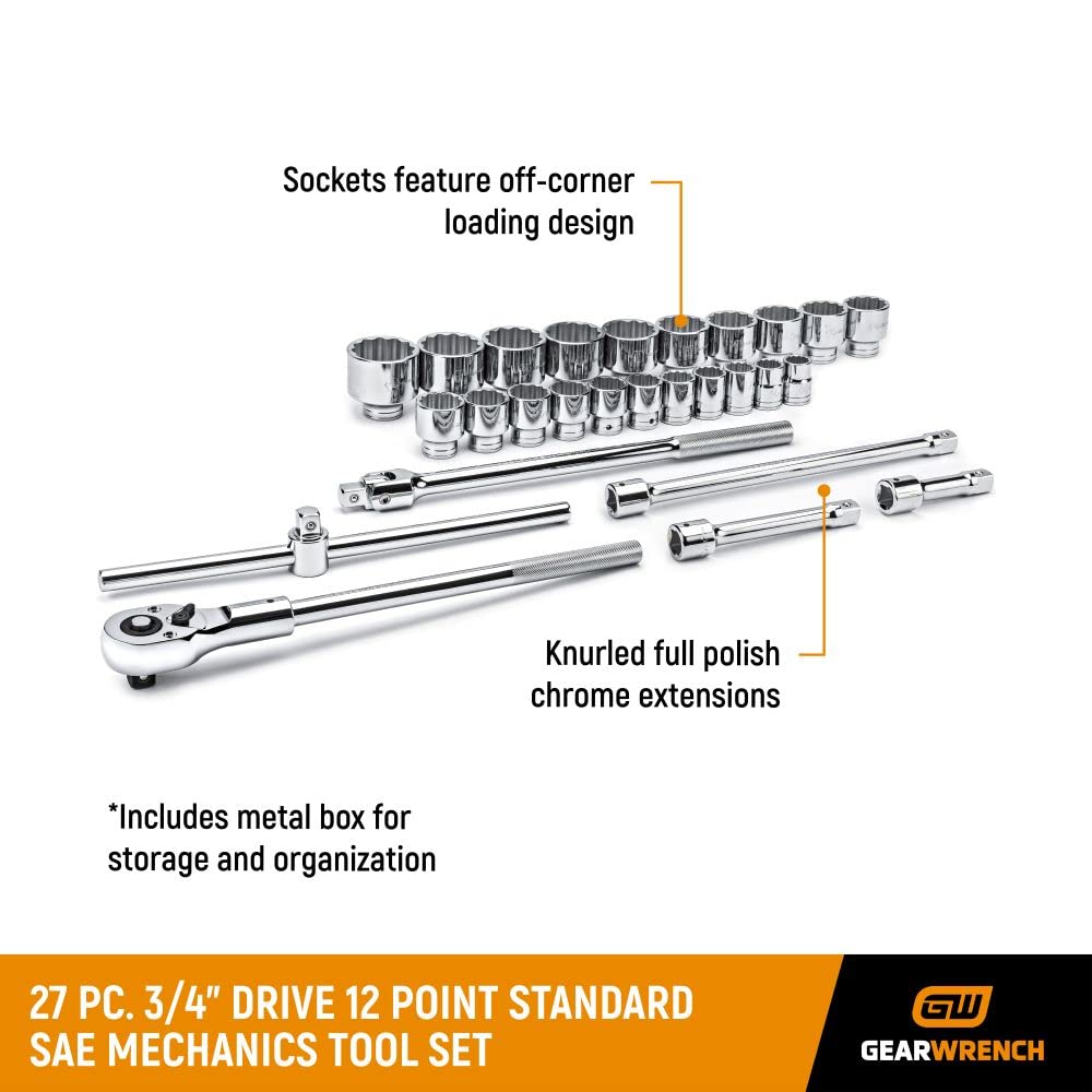 27 Pc. GEARWRENCH 3/4" Drive 12 Pt. Standard Mechanics Tool Set, SAE - 80880