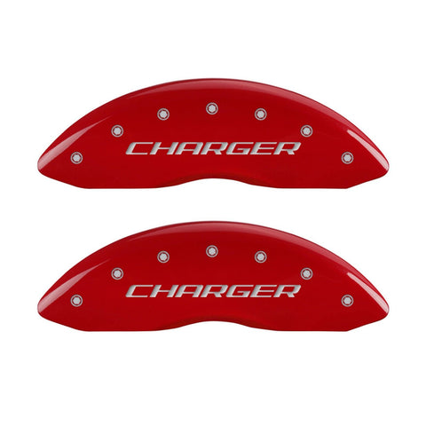 MGP Caliper Covers with Compatible 2011-2023 Dodge Charger and Challenger (Requires 18"+ Wheels & Single Piston Front Caliper) 4 PCS Front and Rear (Red - Charger Block Engraving)