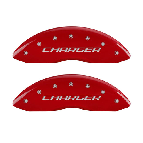 MGP Caliper Covers with Compatible 2011-2023 Dodge Charger and Challenger (Requires 18"+ Wheels & Single Piston Front Caliper) 4 PCS Front and Rear (Red - Charger Block Engraving)