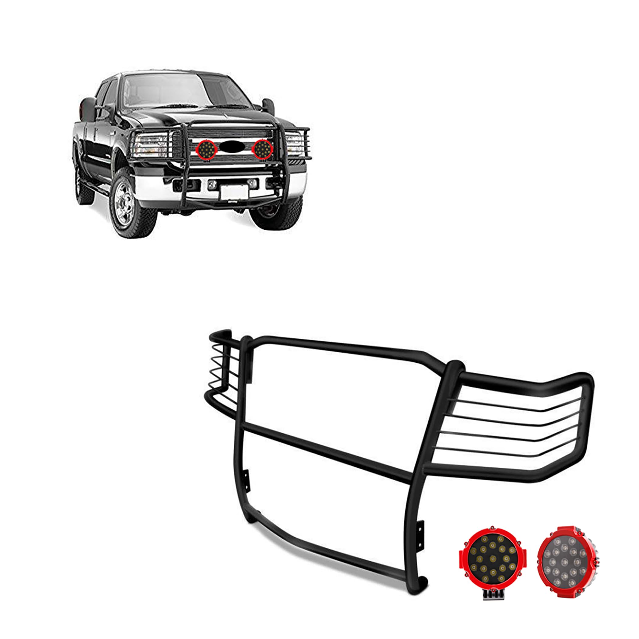 Bumper Guard Black Horse Grille brush Modular Come With pair of 7.0"Dia.LED Lights with Red Trim Rings Compatible with 1999-2007 Ford F-250/F-350/F-450/F-550 Super Duty-17FB23MA-PLR