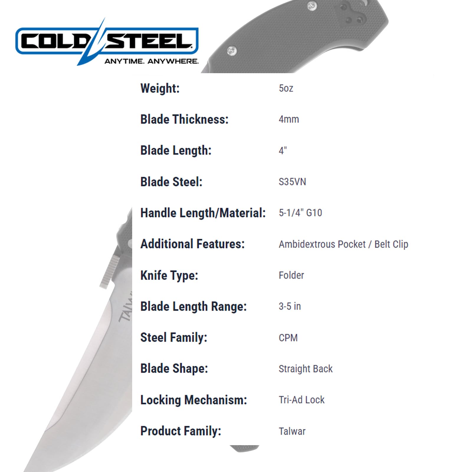 Cold Steel 4" Talwar S35VN Steel Ultra-Sharp Plain Blade 5.25" G10 Handle Tactical Pocket Folding Knife with Tri-Ad Locking Mechanism