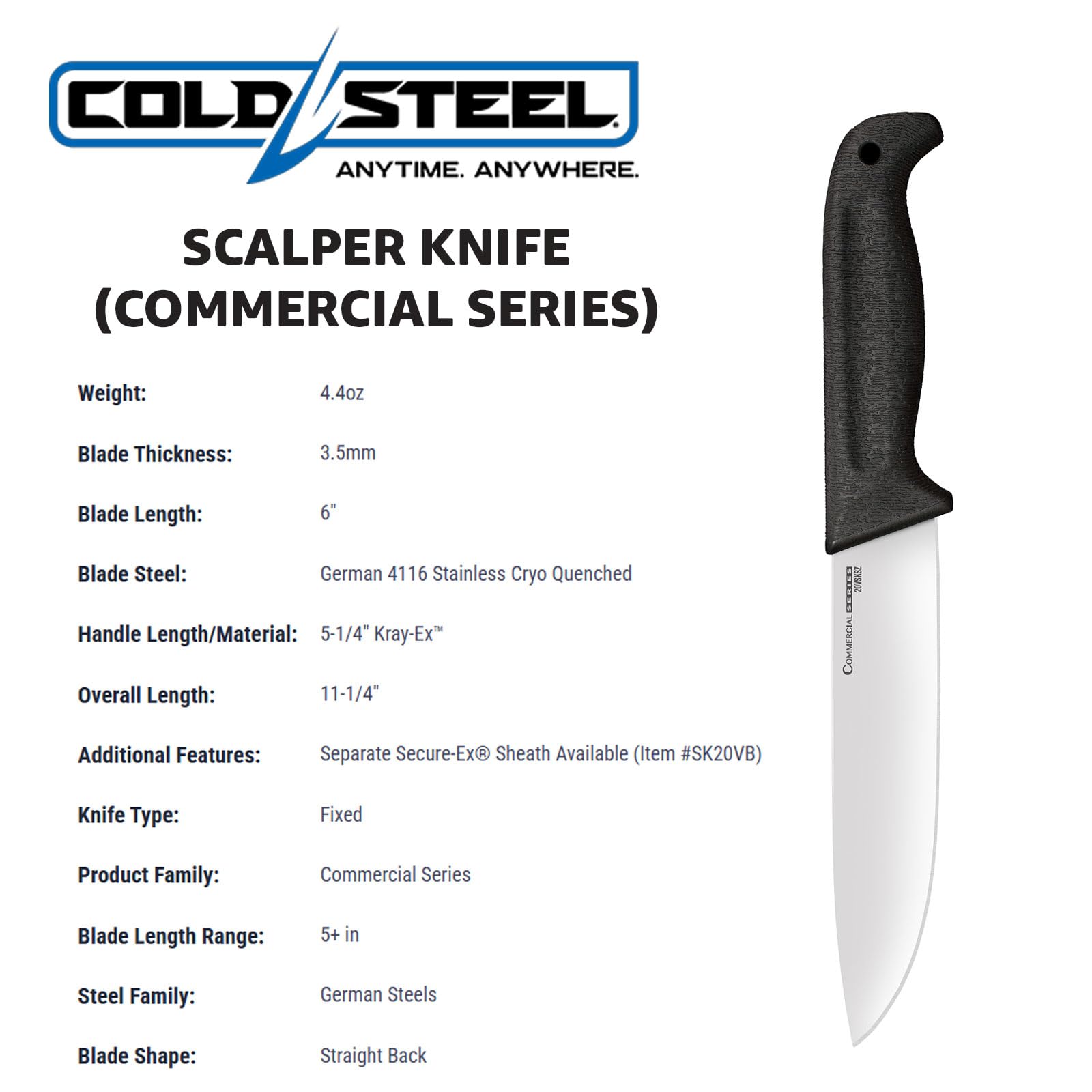 Scalper Knife Cold Steel | 6" Durable German 4116 Stainless Steel Fixed Blade Knife with Non-Slip Kray-Ex Handle | Precision Cutting Tool for Chefs, Butchers & Outdoor Use | Commercial Series