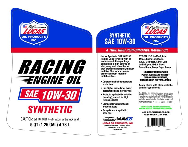 Lucas Oil SAE 10W-30 Synthetic Racing Engine Oil 5 Quarts (Pack of 1)