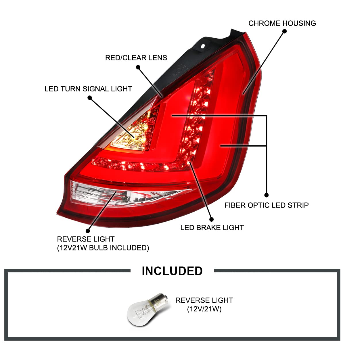 LED Tail Lights SPEC-D TUNING w/LED Tube Compatible with 2011-2013 Ford Fiesta Hatchback, Left + Right Pair Assembly
