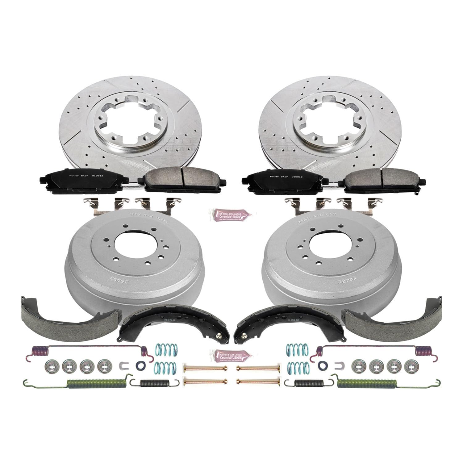 Power Stop K15115DK Z23 Carbon Fiber Brake Pads Front and Rear with Drilled & Slotted Brake Drums Kit For INFINITI QX4 1997-2003, Nissan Pathfinder 1998-2004 [Model Specific]
