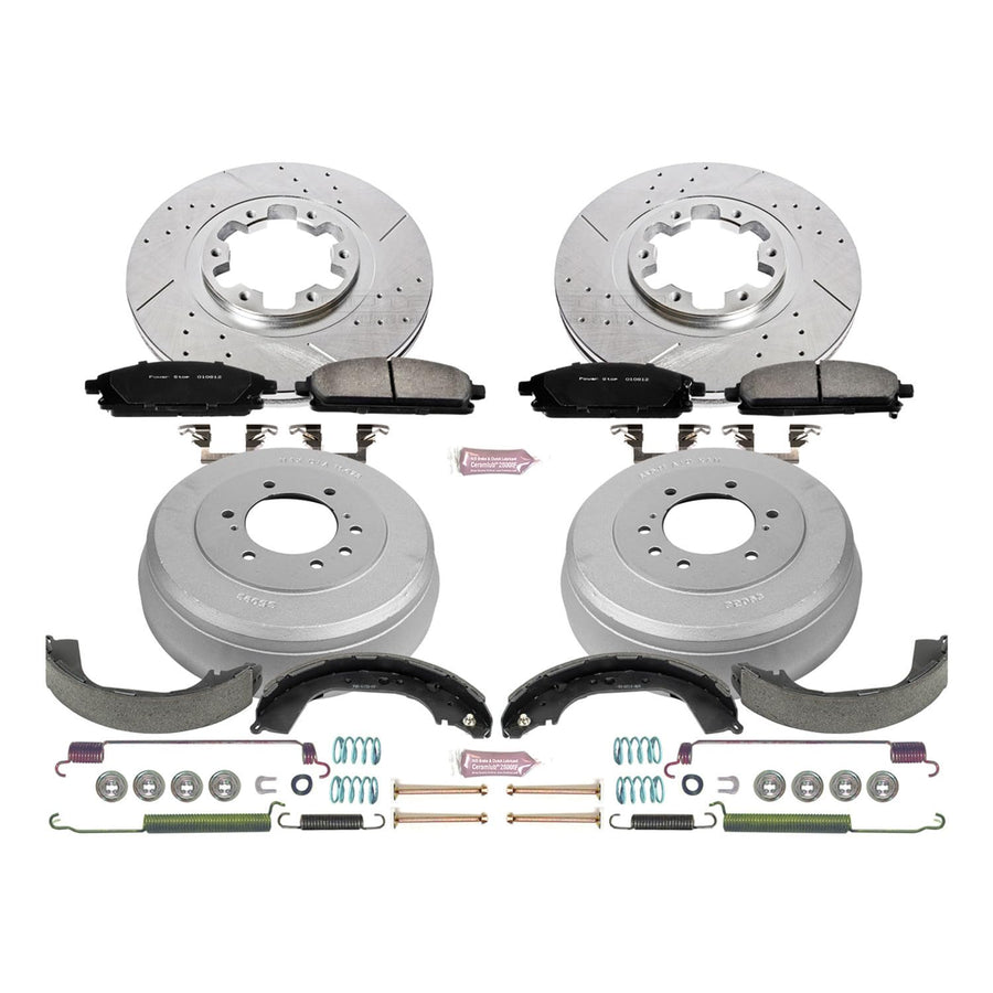 Power Stop K15115DK Z23 Carbon Fiber Brake Pads Front and Rear with Drilled & Slotted Brake Drums Kit For INFINITI QX4 1997-2003, Nissan Pathfinder 1998-2004 [Model Specific]