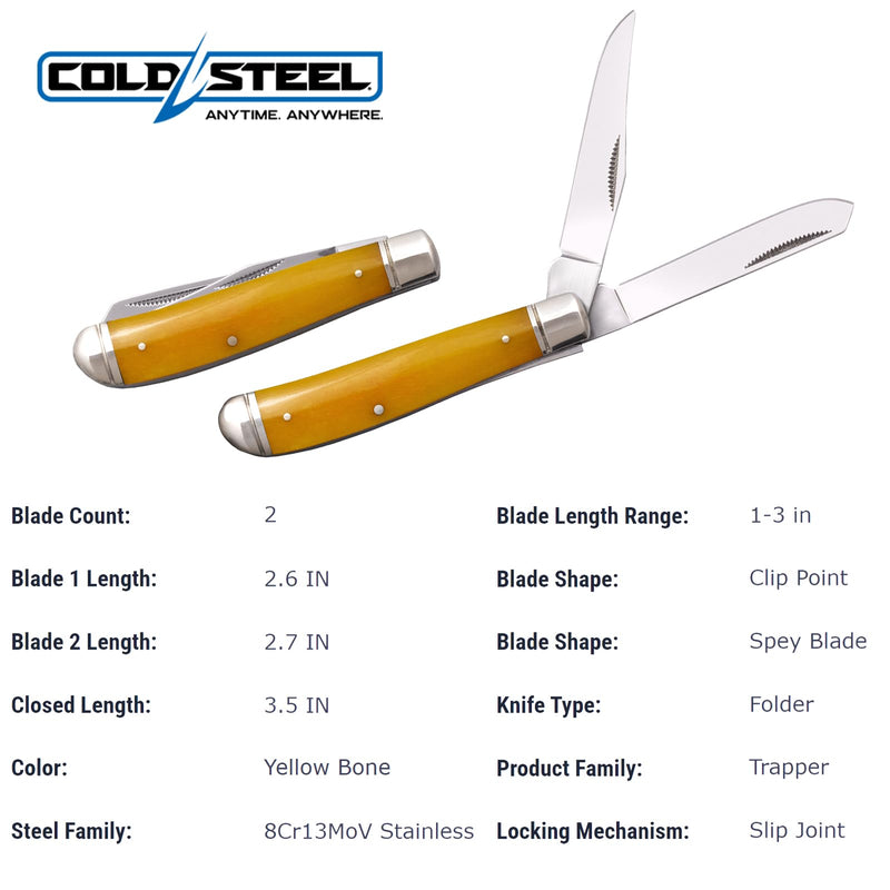 Cold Steel Mini Trapper Folding Knife Versatile Practical Durable Compact Pocket - 2 Blades; Yellow Bone Handle; Slip Joint Lock
