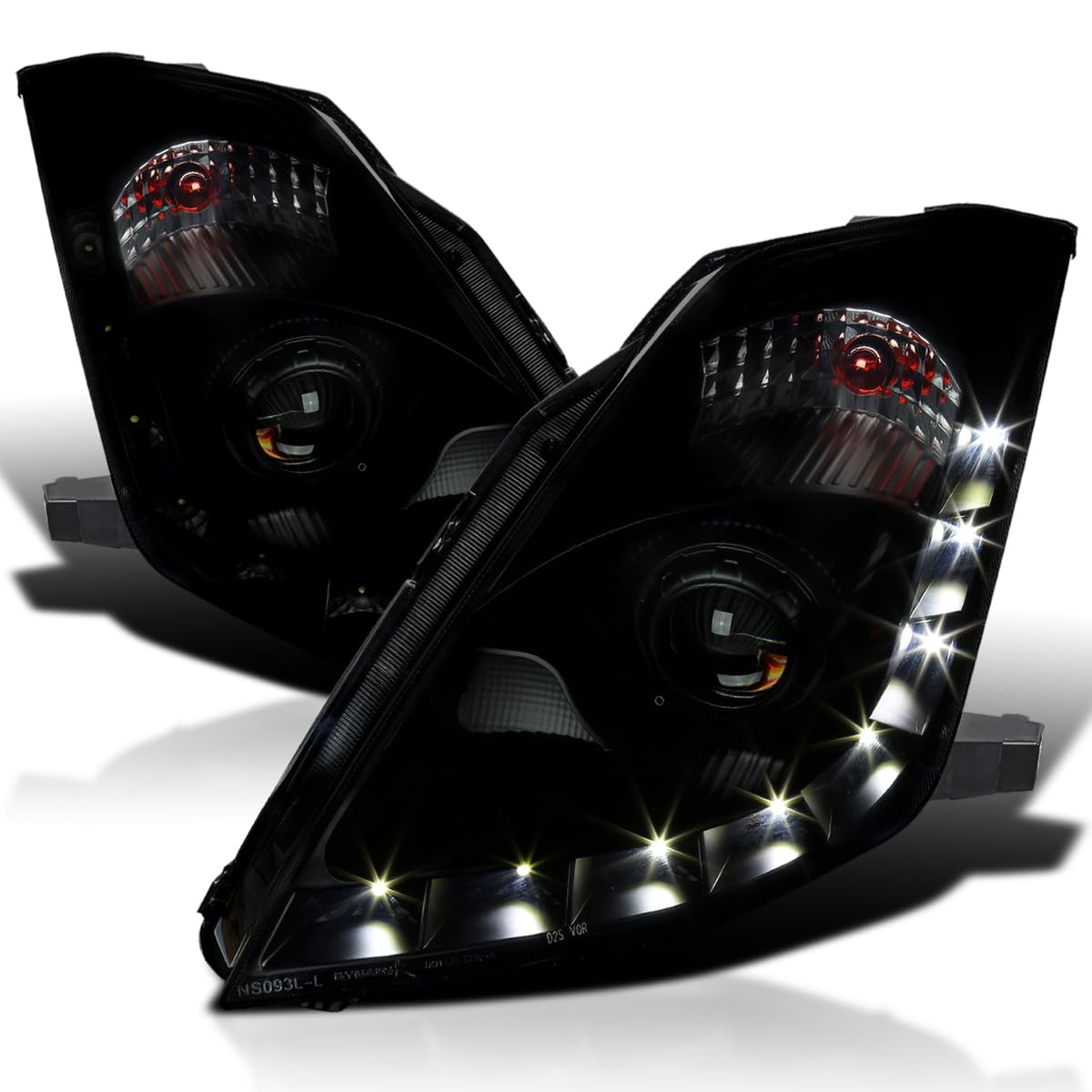 Black Smoke SPEC-D TUNING Projector Headlights w/LED Strip Compatible with 2006-2009 Nissan 350Z with Factory HID Headlight, Left + Right Pair Headlamps Assembly