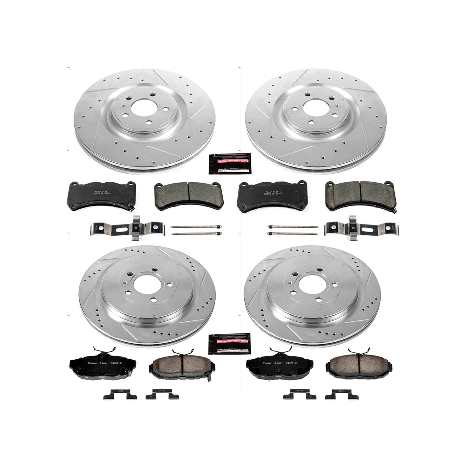 Power Stop K6401 Z23 Carbon Fiber Brake Pads Front and Rear with Drilled & Slotted Brake Rotors Kit For Ford Mustang 2013-2014 [Model Specific]