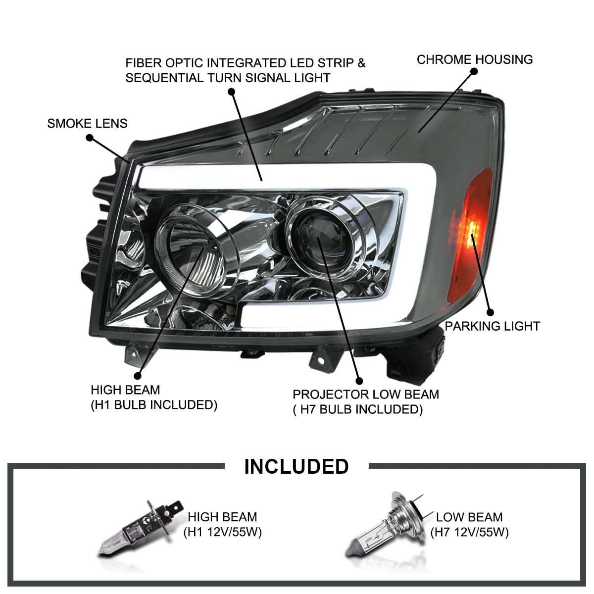 Spec-D Tuning Projector Smoke Headlights w/Sequential LED Turn Signal Compatible with 2004-2015 Nissan Titan, 2004-2007 Nissan Armada, Left + Right Pair Headlamps Assembly