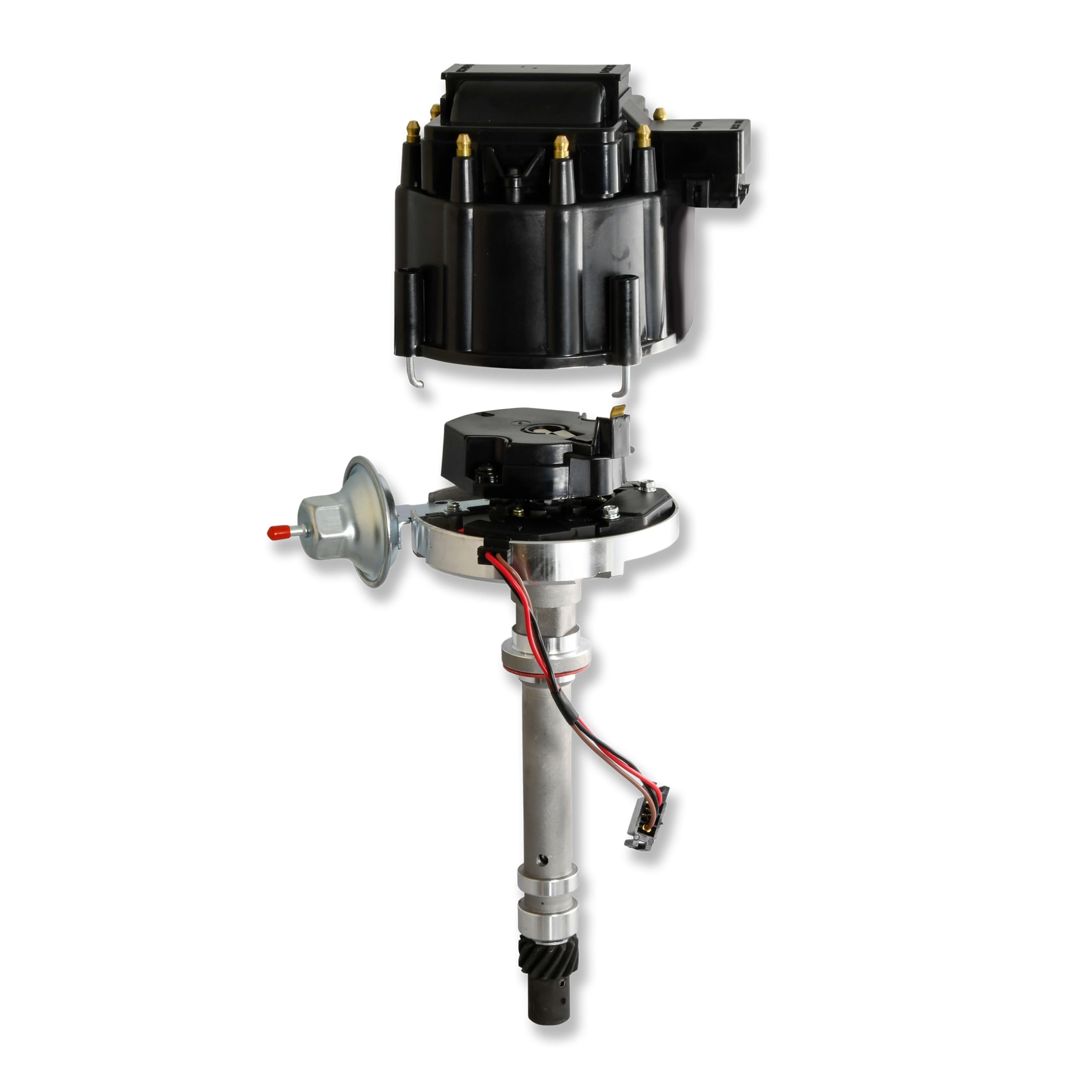 Pertronix Flame-Thrower D1060 Stock Look HEI Distributor Chevy SB/BB with adjustable vacuum advance canister high dielectric strength black cap and rotor with brass terminals
