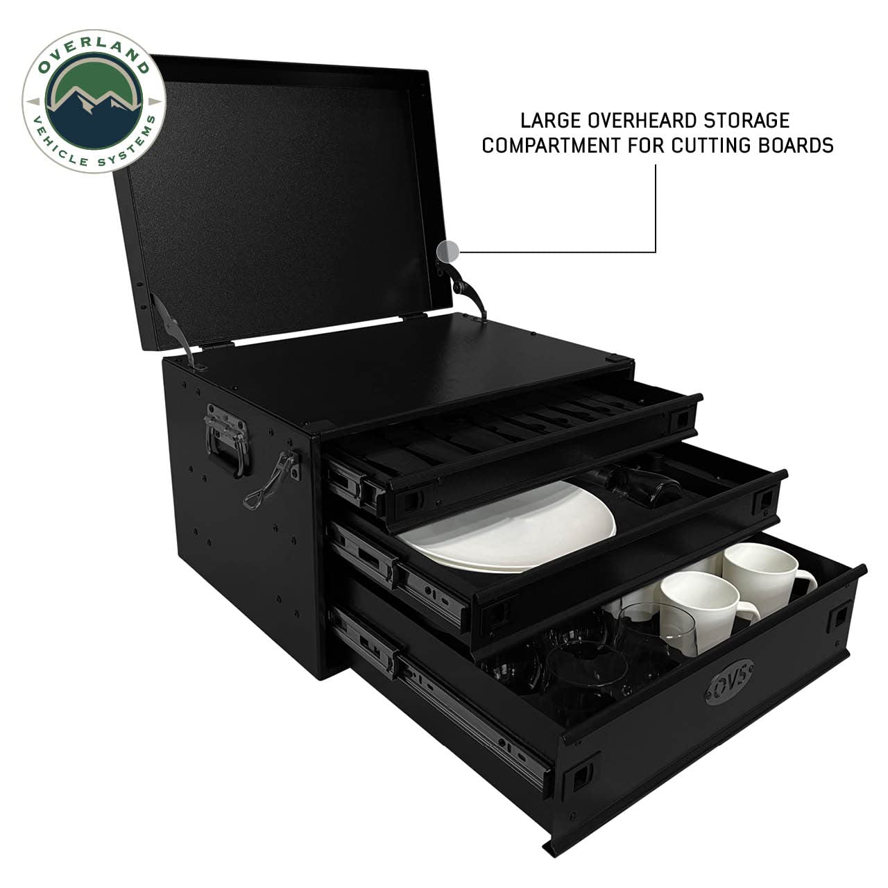 Ultimate Overland Vehicle Systems 39 Piece Utensil Set - Black Powder Coat Universal - 6061 Aircraft-Grade Aluminum Storage Box - Heavy Duty Grab Handles