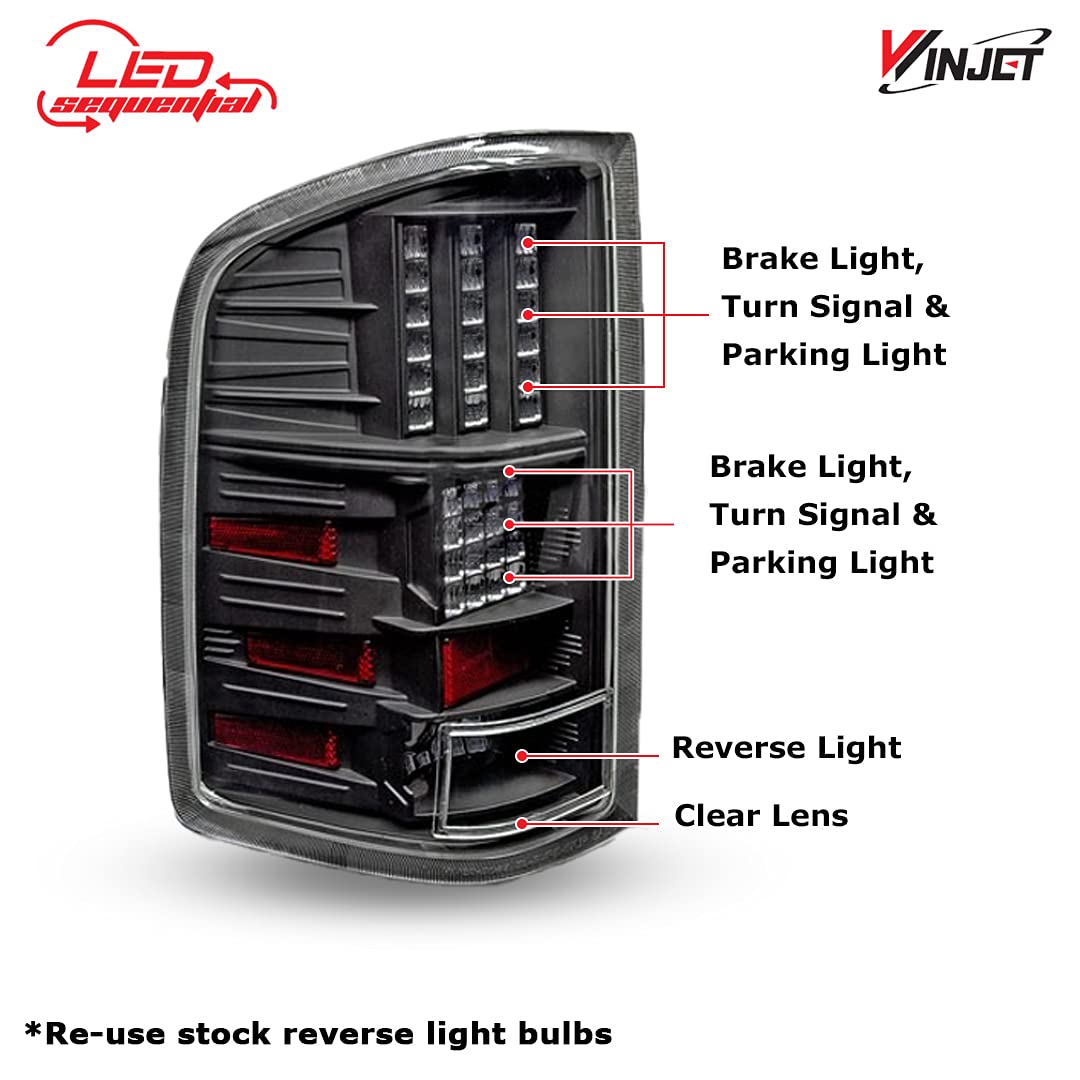 LED Taillights Winjet for [2007-2013 Chevy Silverado 1500] [2007 2008 2009 2010 2011 2012 2013 2014 Silverado 2500/3500] Rear Lamps Driver and Passenger Side Clear