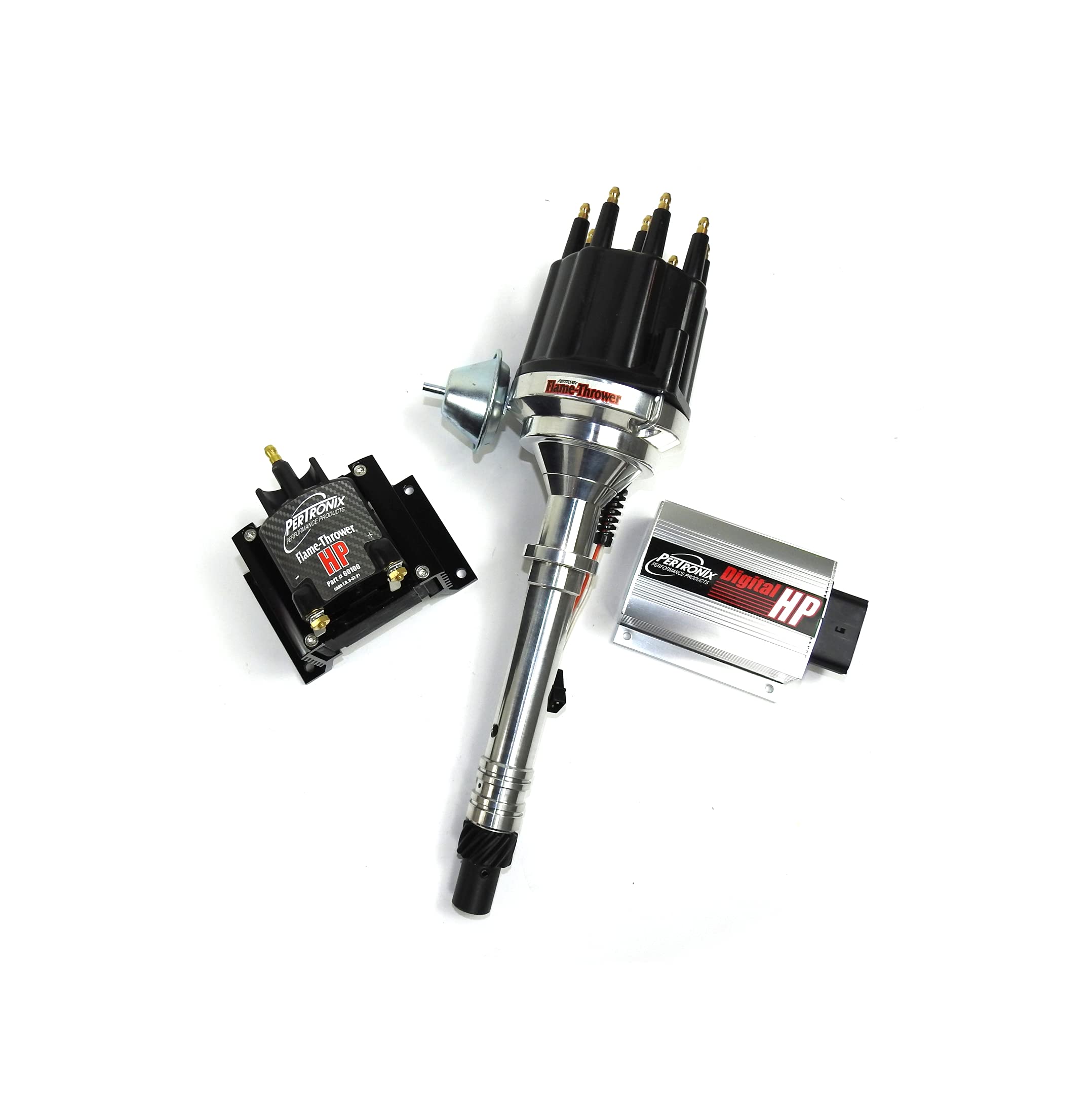 HP02 Pertronix Bundle Digital HP Ignition Box (Chevy SB/BB Mag Trigger Billet Distributor Black Male Cap, HP E-core 45,000 Volt .02 Ohms Coil), 1 Pack