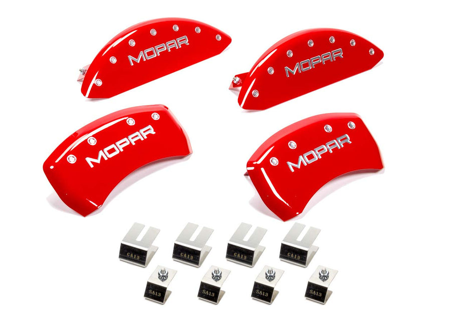 Brake Caliper Covers for 2011-2023 Dodge Challenger & 2011-2023 Dodge Charger - MGP Caliper Covers (Requires Dual Piston Front Caliper) Front and Rear Set - Engraved MOPAR Logo (Red)