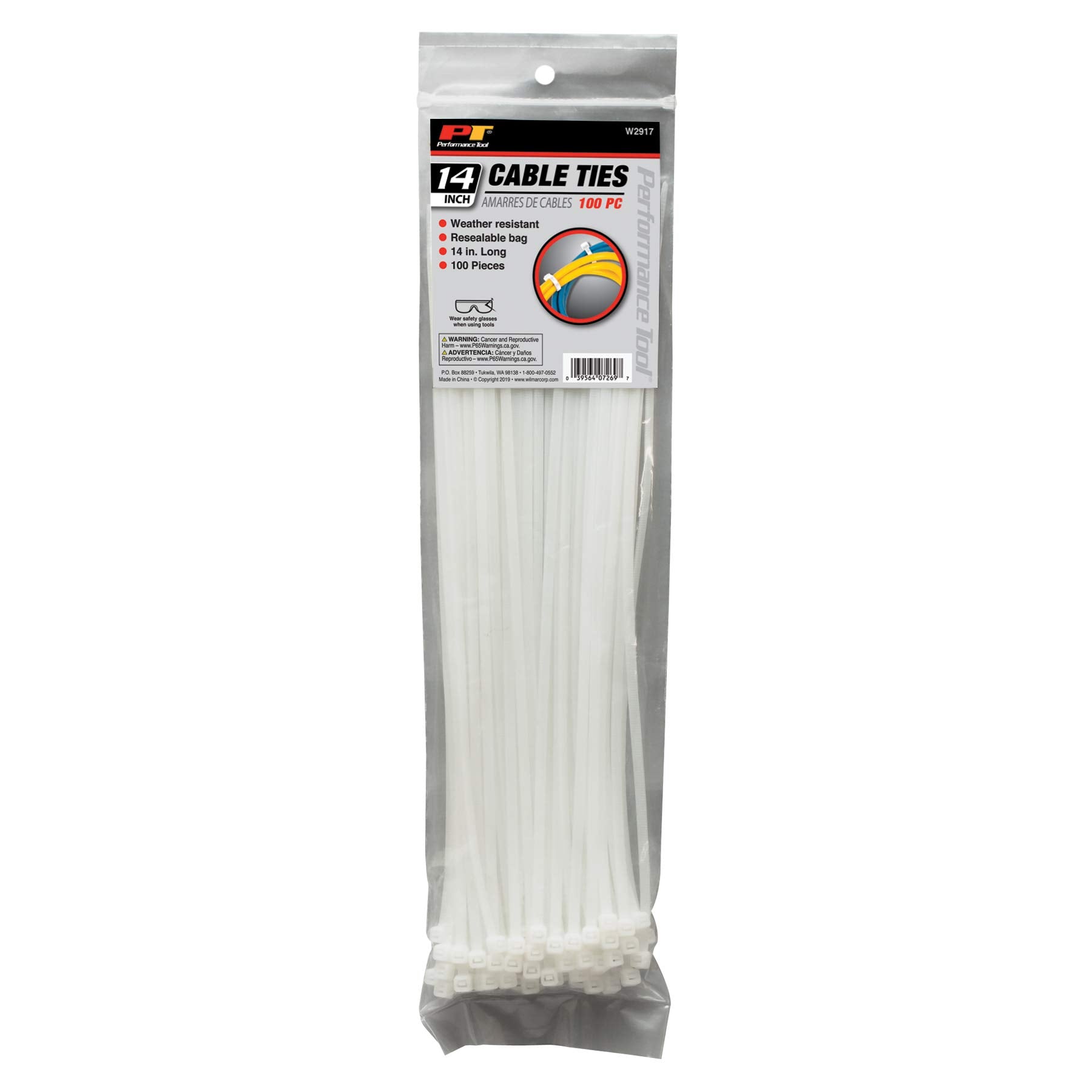 100pc Performance Tool W2917 14-Inch Cable Tie, White With Tensile Strength 50 Lbs