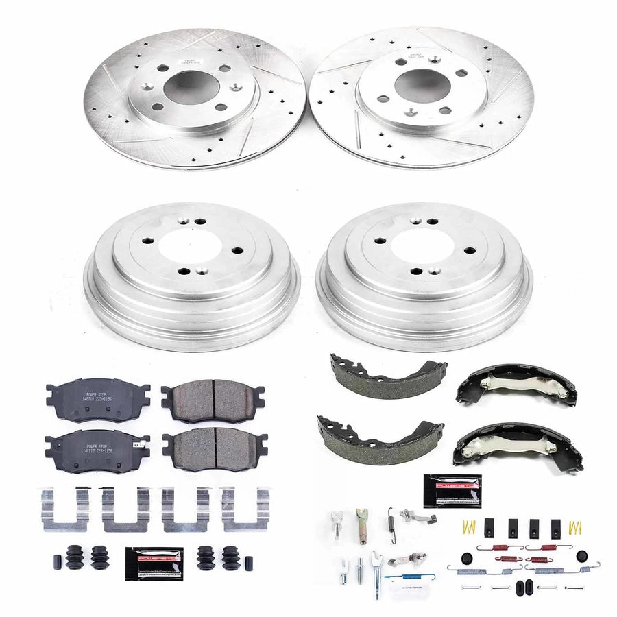 Power Stop K15240DK Z23 Carbon Fiber Brake Pads Front and Rear with Drilled & Slotted Brake Drums Kit