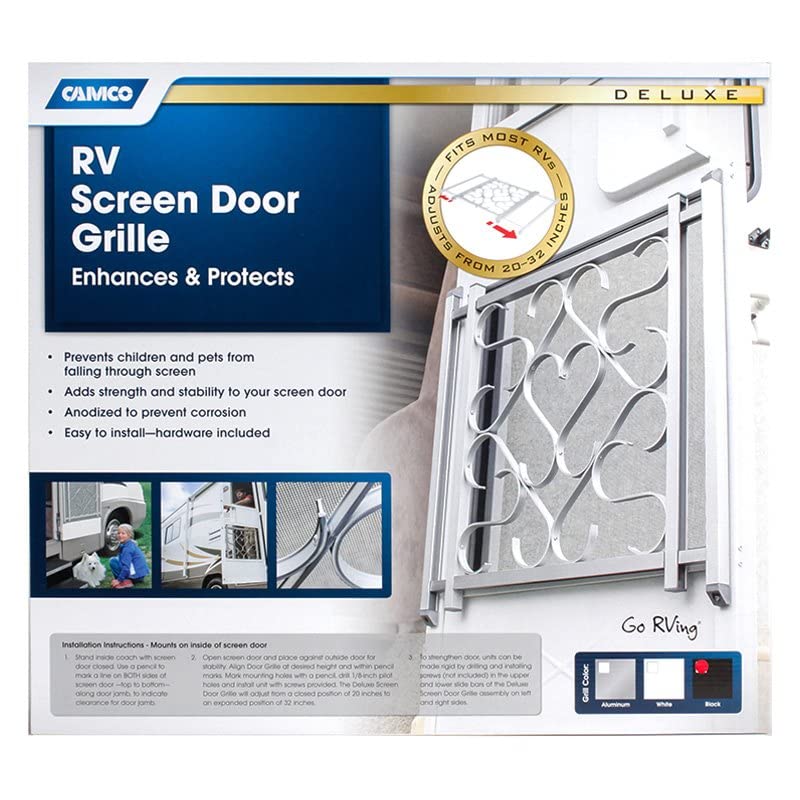 Camco RV Screen Door Grille Deluxe Aluminum | Adds a Sturdy Feel to The Door RV | Adjusts from 20-inches to 32-inches Wide | (43991)