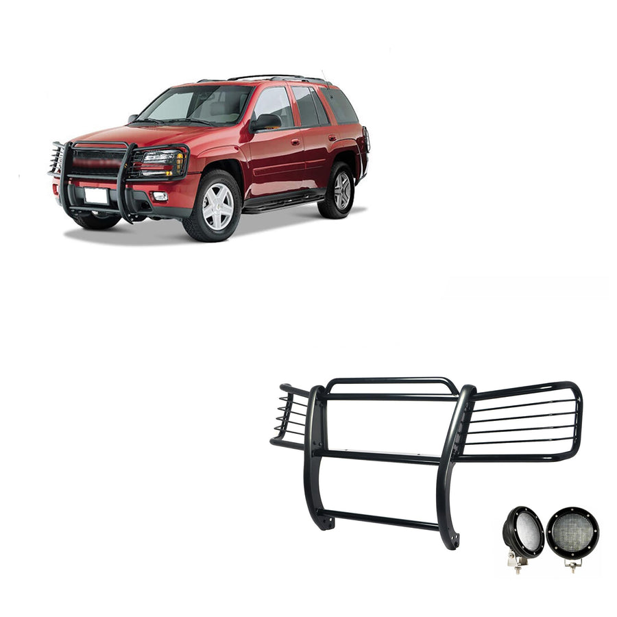 Grille Brush Black Horse Bumper Guard Modular Black Come with Pair of 5.3" Dia.LED Lights with Black Trim Rings Compatible with 2002-2009 Trailblazer|2002-2006 Trailblazer EXT-17GK26MA-PLFB