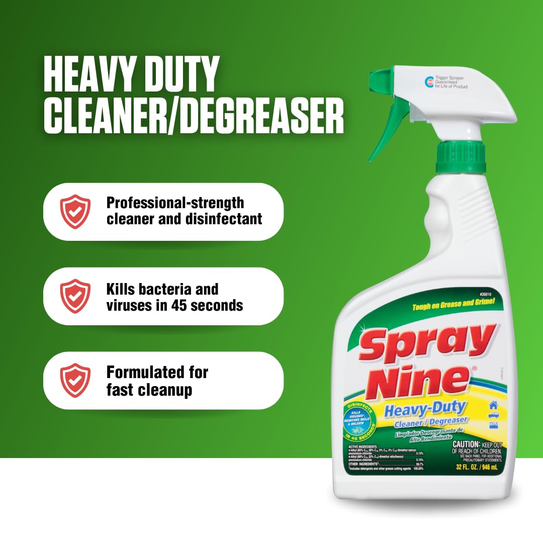 Heavy Duty Spray Nine 26810 Cleaner, Degreaser & Disinfectant for Kitchens, Bathrooms, Yard Equipment, Automotive & Industrial 32 Fl Oz. (Pack of 1)