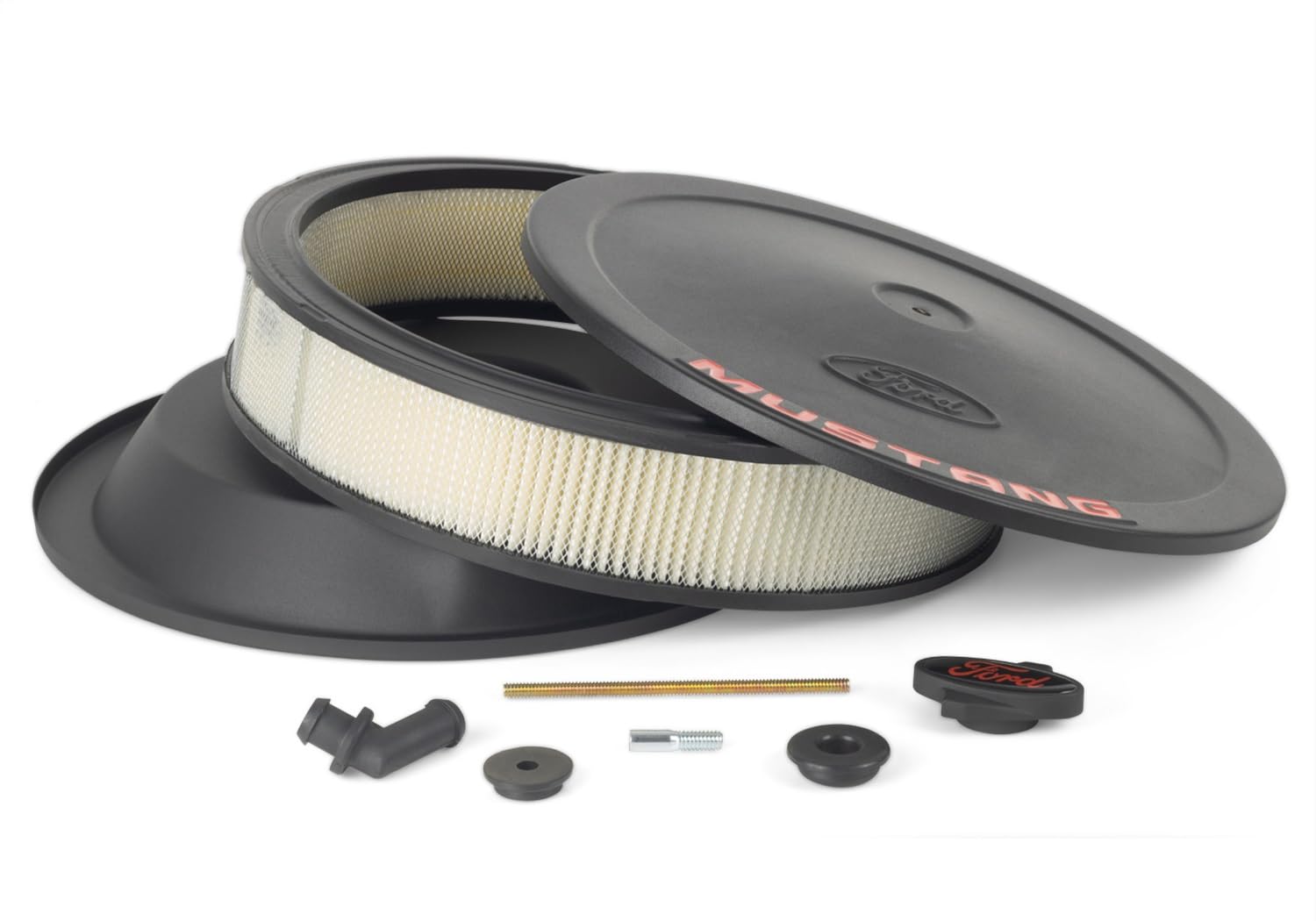 302-362 Ford Air Cleaner Assembly - 13 in Round - 2.625 in Element - 5-1/8 in Carb Flange - Drop Base - Red Mustang Logo - Steel - Black Crinkle - Kit