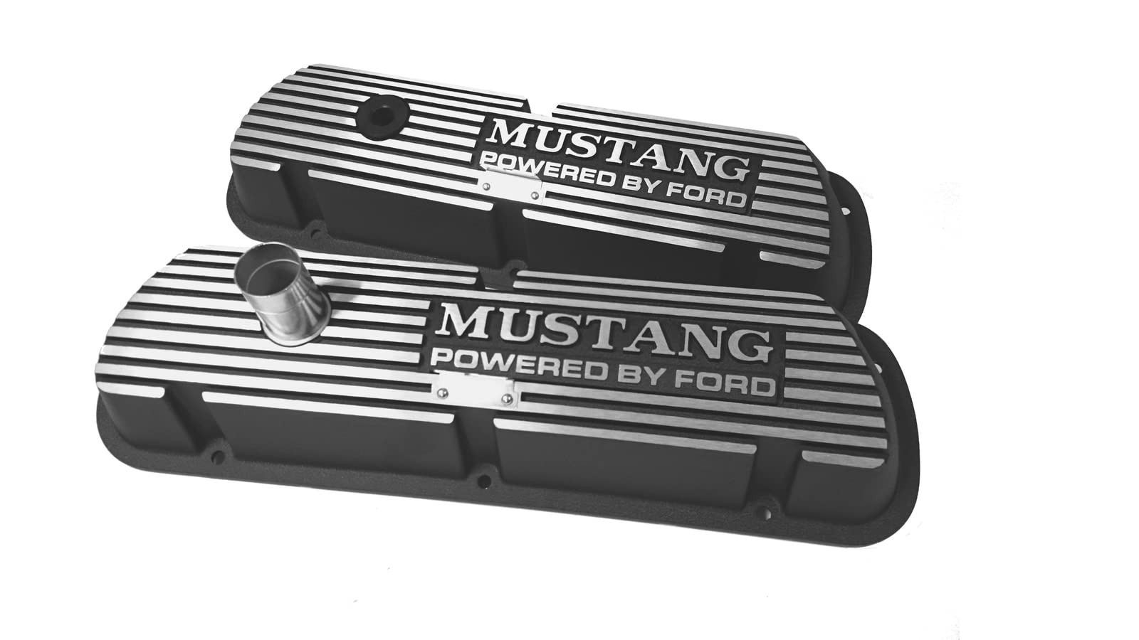 Aluminum Valve Covers Scott Drake with Official Mustang Powered by Ford Lettering in a Silver Powder Coated Finish, Compatible with 1964-1973 Ford Mustang, Model C5ZZ-6A582-A/B