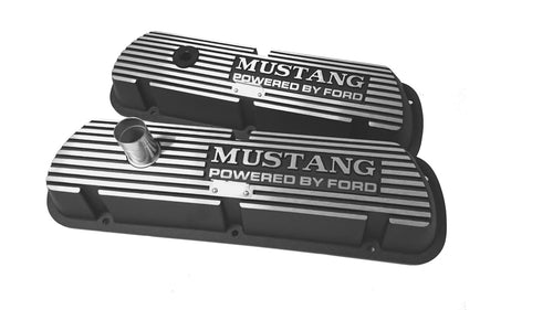 Aluminum Valve Covers Scott Drake with Official Mustang Powered by Ford Lettering in a Silver Powder Coated Finish, Compatible with 1964-1973 Ford Mustang, Model C5ZZ-6A582-A/B