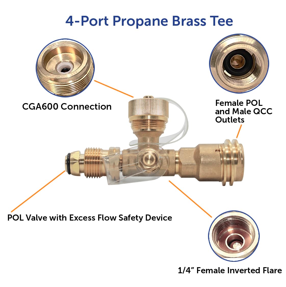 Flame King Brass Tee 4 Port Propane Adapter POL Inlet, 1/4 Inverted Female Flare Inlet, QCC Outlet, CGA600 Outlet (RV-COMBO1)