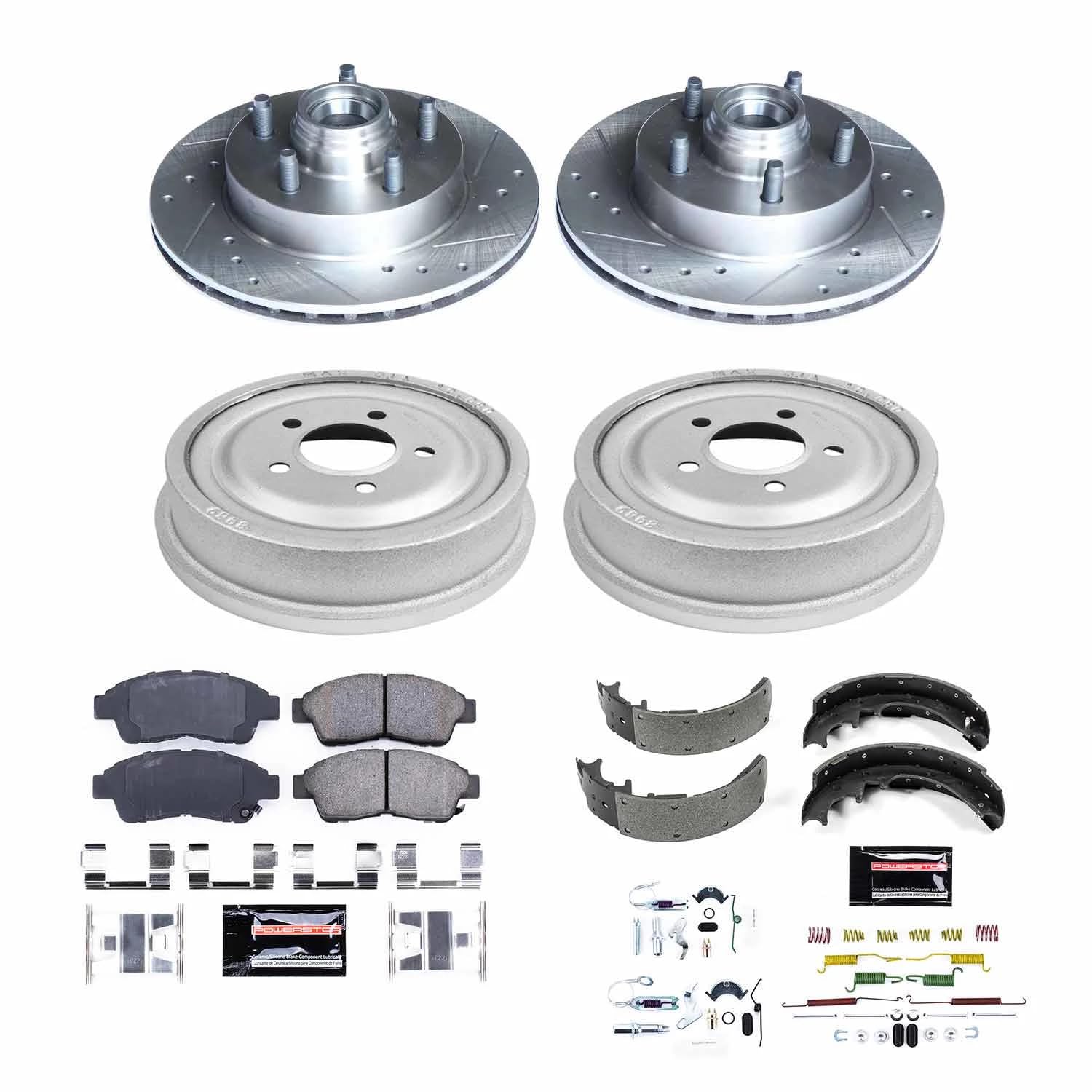 Power Stop K15007DK Z23 Carbon Fiber Brake Pads Front and Rear with Drilled & Slotted Brake Drums Kit For Ford Ranger 1998-2002, Mazda B4000 1998-2000 [Model Specific]