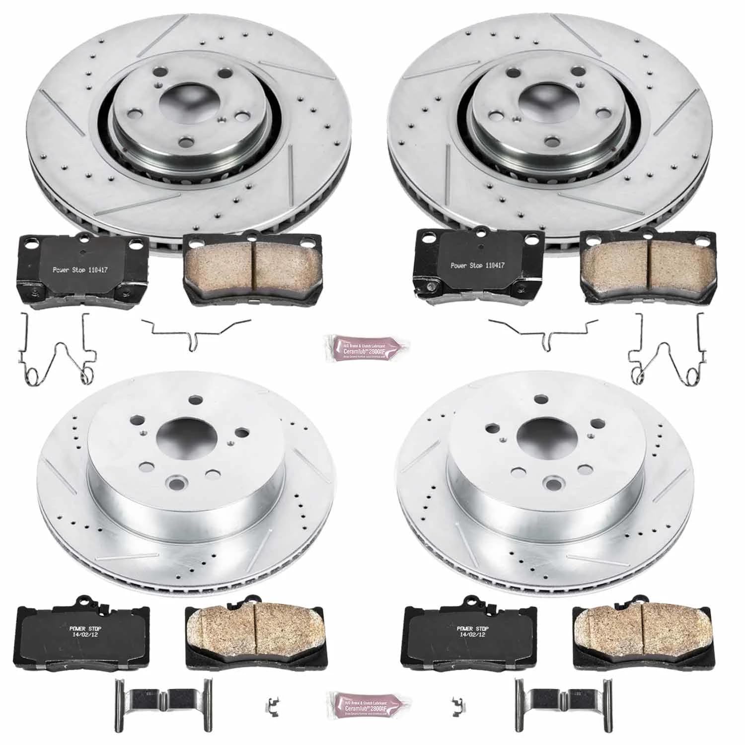 Power Stop K4071 Z23 Carbon Fiber Brake Pads Front and Rear with Drilled & Slotted Brake Rotors Kit For Lexus GS350 2007-2011 [Model Specific]