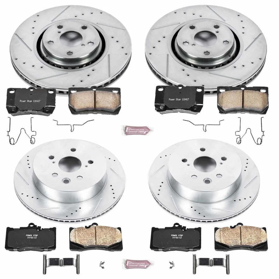 Power Stop K4071 Z23 Carbon Fiber Brake Pads Front and Rear with Drilled & Slotted Brake Rotors Kit For Lexus GS350 2007-2011 [Model Specific]