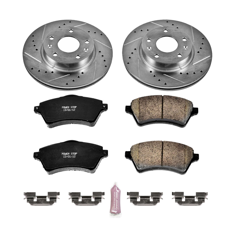 Power Stop K5352 Z23 Carbon Fiber Brake Pads Front with Drilled & Slotted Brake Rotors Kit For Land Rover Freelander 2002-2005 [Model Specific]