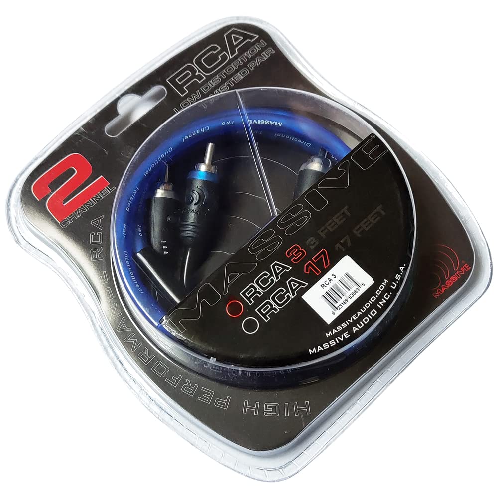 3FT Massive Audio RCA-3 | Twisted Pair RCA Cable - Blue Translucent Dual Shielded Audio Interconnect with Gold-Plated Connectors for Car Amplifiers & Subwoofers