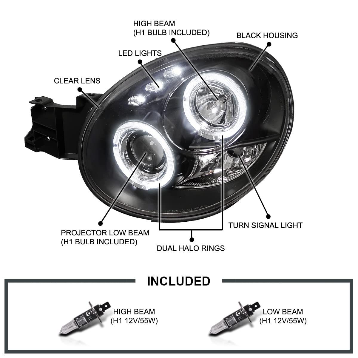 Dual Halo Projector Headlights Black SPEC-D TUNING Compatible with 2002-2003 Subaru Impreza, Left + Right Pair Headlamps Assembly