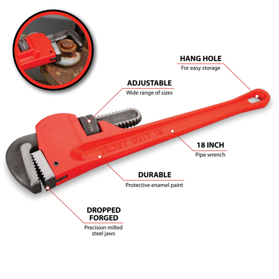 Heavy-Duty Performance Tool W1133-18B Adjustable Straight Pipe Wrench, 18-inch