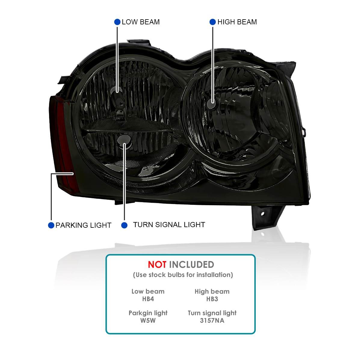 Smoke Headlights Spec-D Tuning Compatible with 2005-2007 Jeep Grand Cherokee, Left + Right Head Lights Assembly