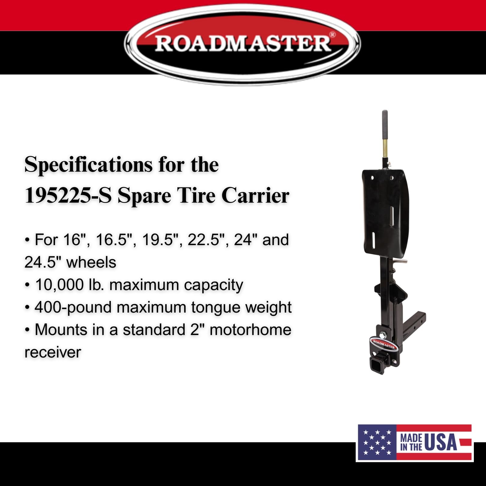 Roadmaster Spare Tire Carrier 195225-S with 2" Drop fits 2" Motorhome Receiver | for 16" - 24.5" Dually Wheels | 10,000 lbs Maximum Capacity | Fits All Lug Nut Patterns