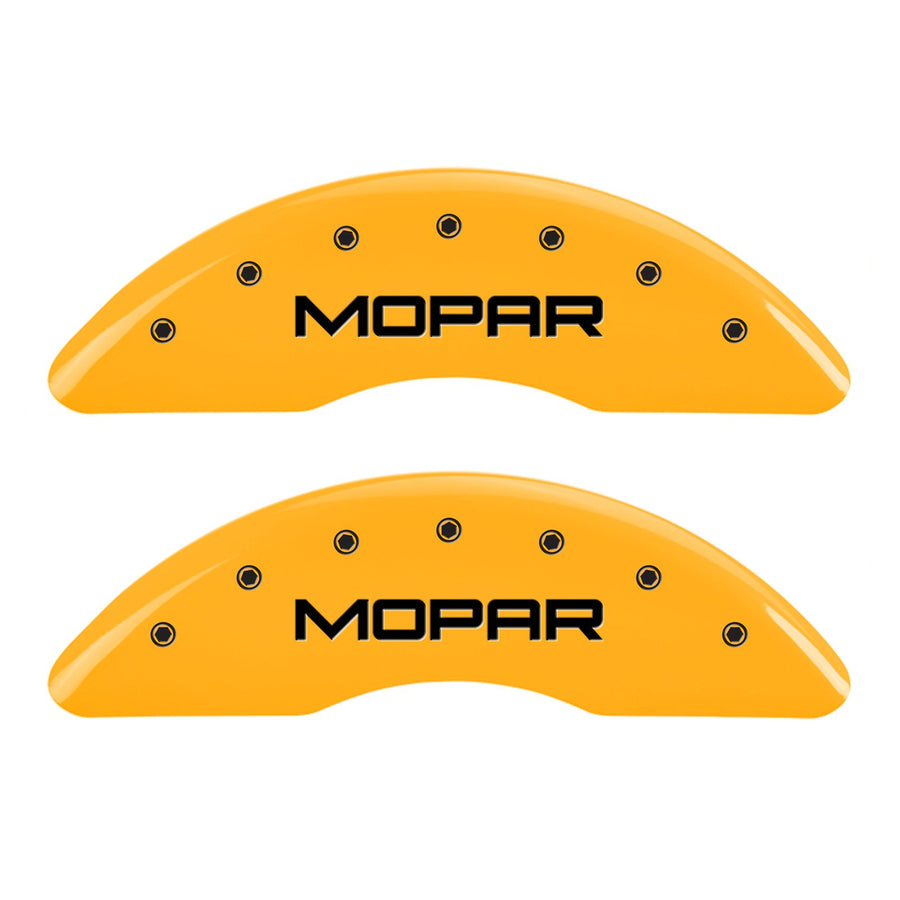Caliper Covers MGP 42012SMOPYL Yellow (Set of 4, Engraved Front and Rear: MOPAR, Yellow powder coat finish, black characters)