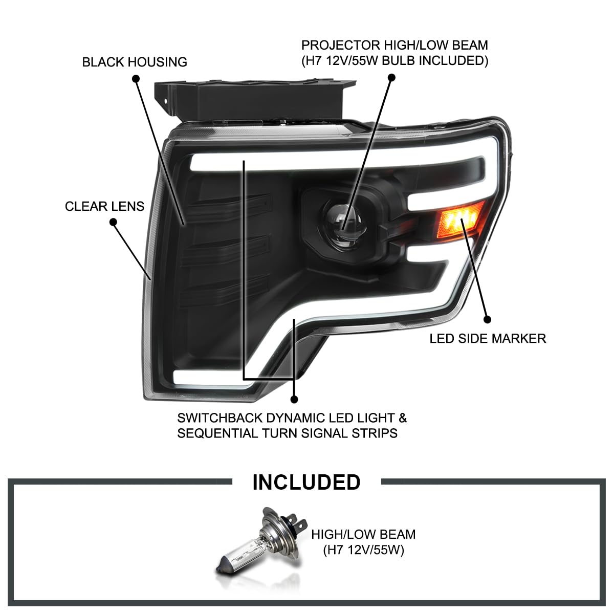 Black SPEC-D TUNING Projector Headlights w/Switchback Sequential LED Signal Tube and Startup Animation Compatible with 2009-2014 Ford F150 F-150, Left + Right Pair Headlamps Assembly